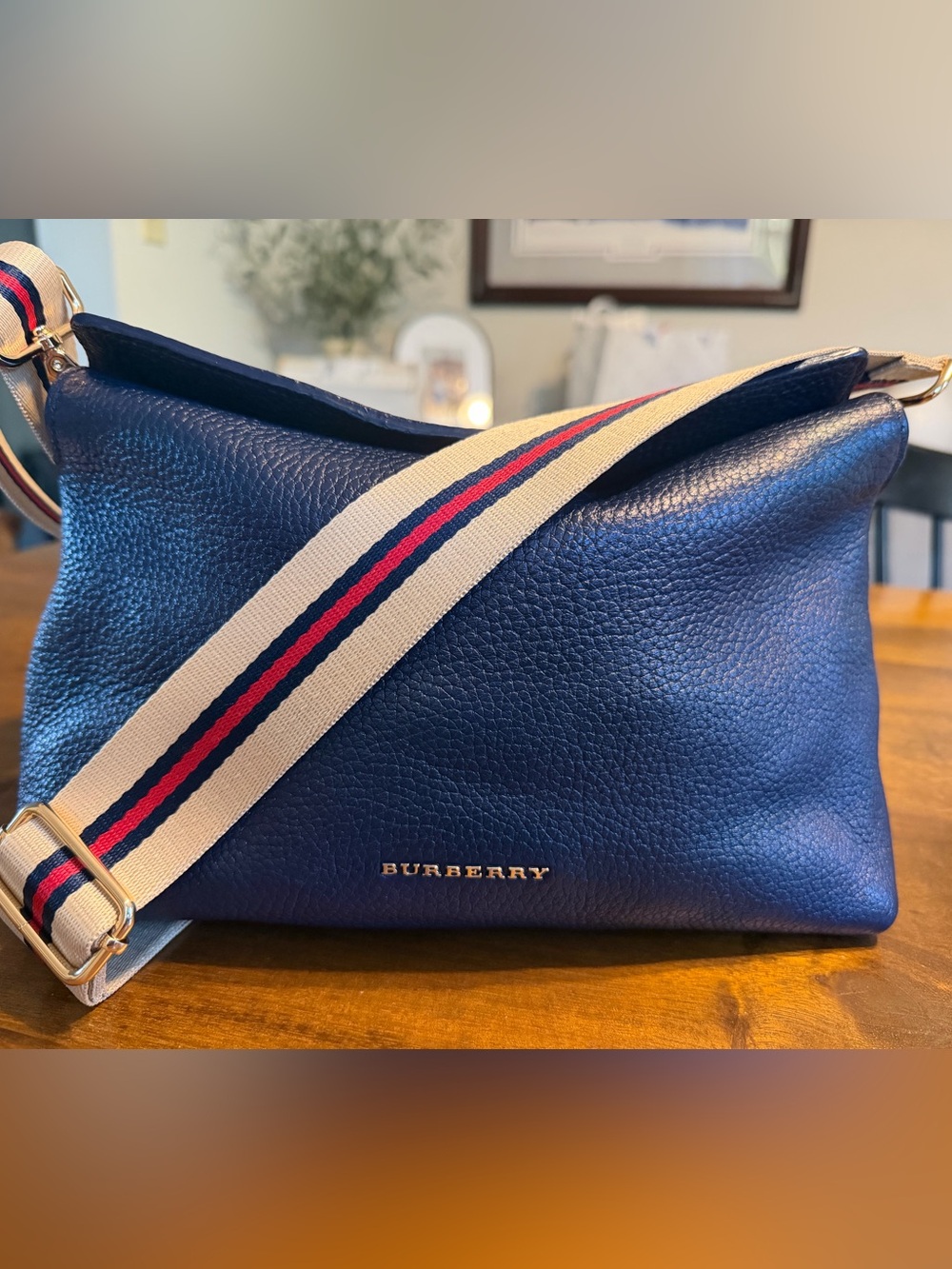 Burberry Navy Leather Crossbody Bag with Striped Strap - Picture 1 of 2
